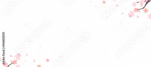 Japanese line minimal background vector. Wallpaper design with cherry blossom flower and line wave pattern backdrop. Illustration for cover, banner, website, package, deco interior.