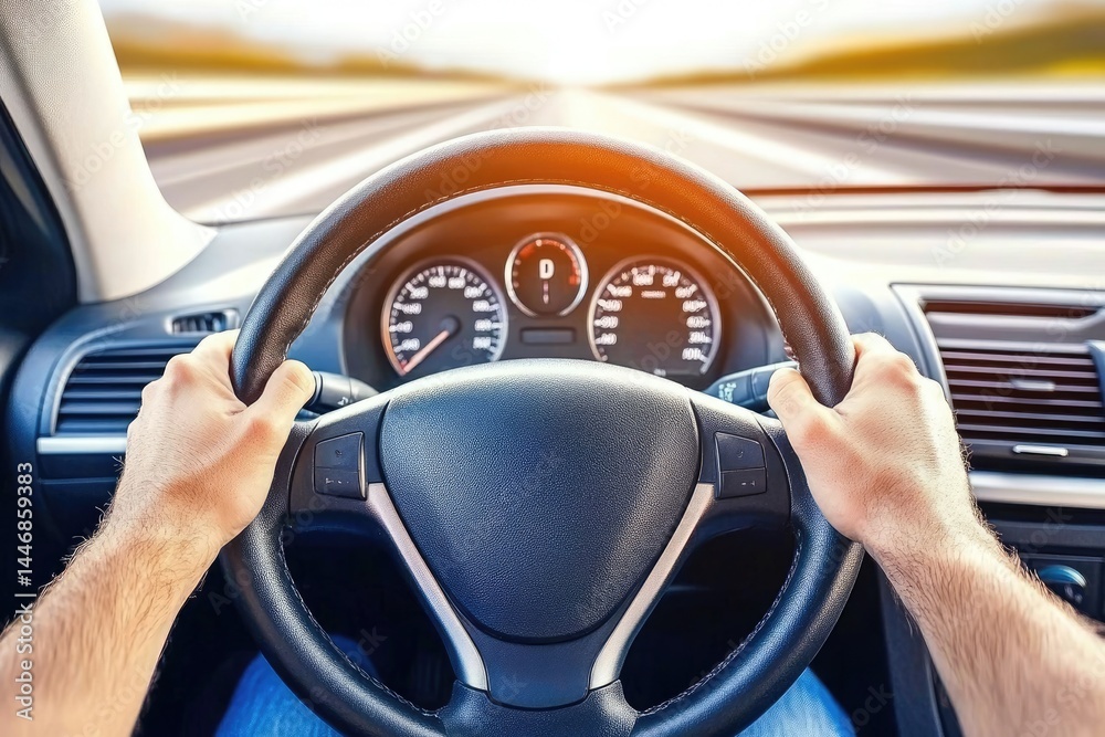 Obraz premium Hands gripping steering wheel, driving on highway