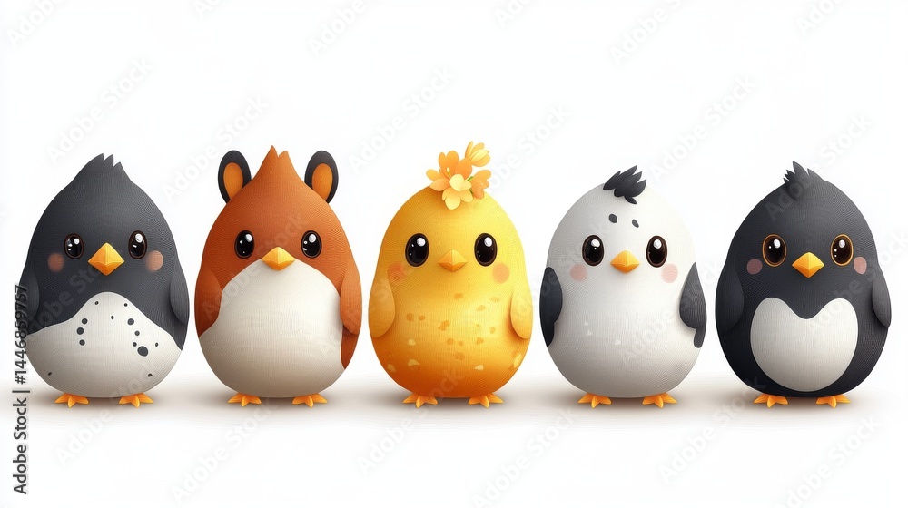 Obraz premium Five adorable, cartoonish creatures in a playful, row.