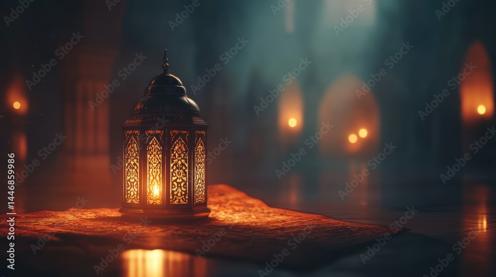 Fototapeta premium intricate lantern radiating warmth against a shadowy backdrop, e