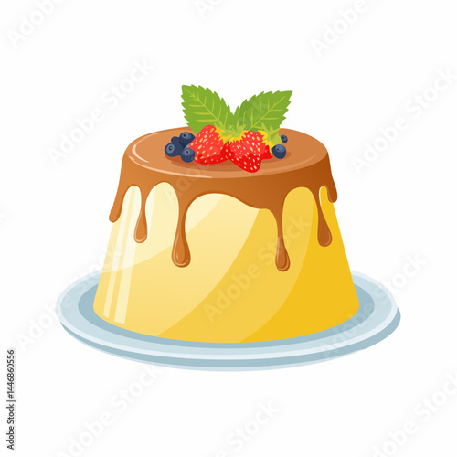 Vector Flan Dessert with Caramel and Berries