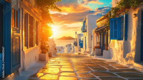 Fototapeta Naklejka Na Ścianę i Meble -  Picturesque sunset over a Mykonos street with white buildings.