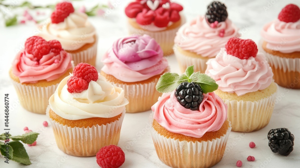 Close-up of delicious cupcakes with raspberry and blackberry toppings Close-up of delicious cupcakes with raspberry and blackberry toppings