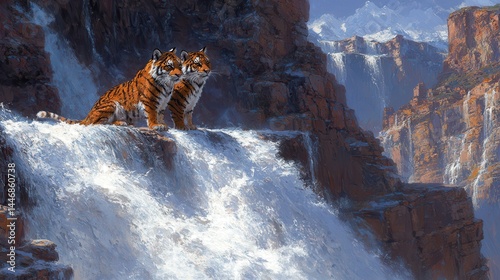 Majestic tigers perched atop a cascading waterfall against a rugged mountain backdrop wildlife sanctuary wildlife preservation nature artwork serenity photo