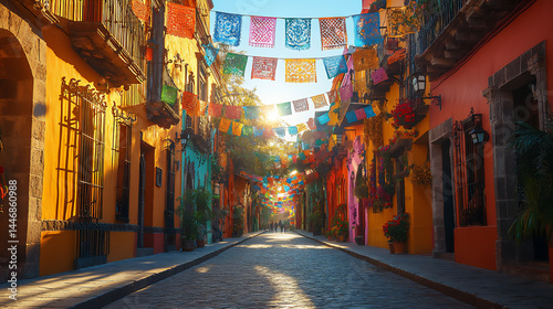 Fototapeta Naklejka Na Ścianę i Meble -  mexican street with vibrant papel picado banners in warm sunlight