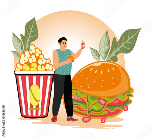 Overeating addiction. Man Enjoying Snacks with Popcorn and Large Hamburger.
