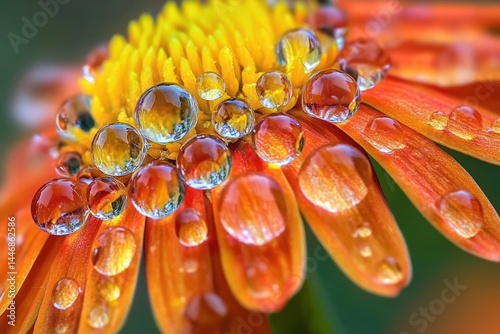 Crystal-clear droplets magnifying texture of bright red petals