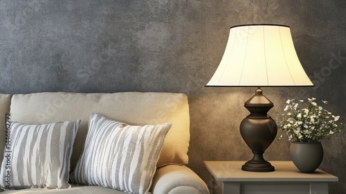 Mid-century lamp on low table illuminating a neutral sofa