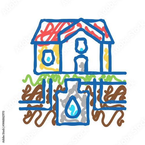 house drainage system and water storage icon doodle illustration