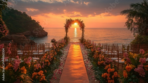 Romantic oceanfront destination wedding ceremony setup at golden sunset hour