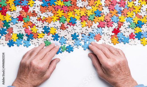Hands Over Colorful Puzzle Pieces on White Background, Engaging in Problem Solving or Recreation, Visual Representation of Fun and Mind Challenge