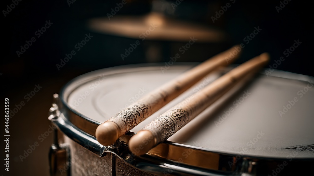 Obraz premium Close-up of ornate drumsticks resting on a snare drum with soft lighting