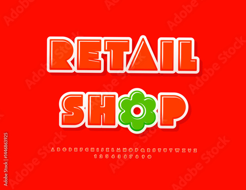 Vector Advertising signboard Retail Shop. Red Glossy Alphabet Letters and Numbers set. Abstract style Font.