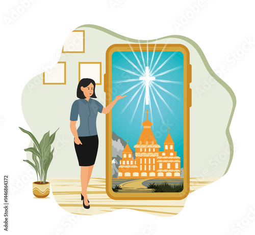 Online church concept. Young woman doing online church service on the smart phone.