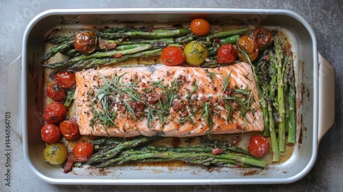 Baked salmon with asparagus & tomatoes for a healthy dinner.