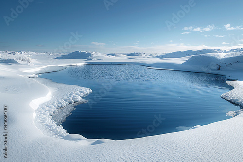 Tranquil beauty of Arctic tundra surrounding a peaceful lake, covered in shimmering snow, pristine waters, and a sense of seclusion and purity that is truly breathtaking  