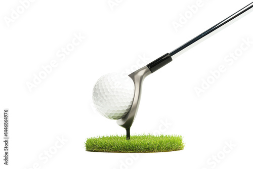 Golf club about to strike a golf ball on a small grassy tee, rendered with realistic detail.