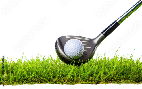 Golf club poised above a golf ball on a vibrant green lawn, ready for a shot.