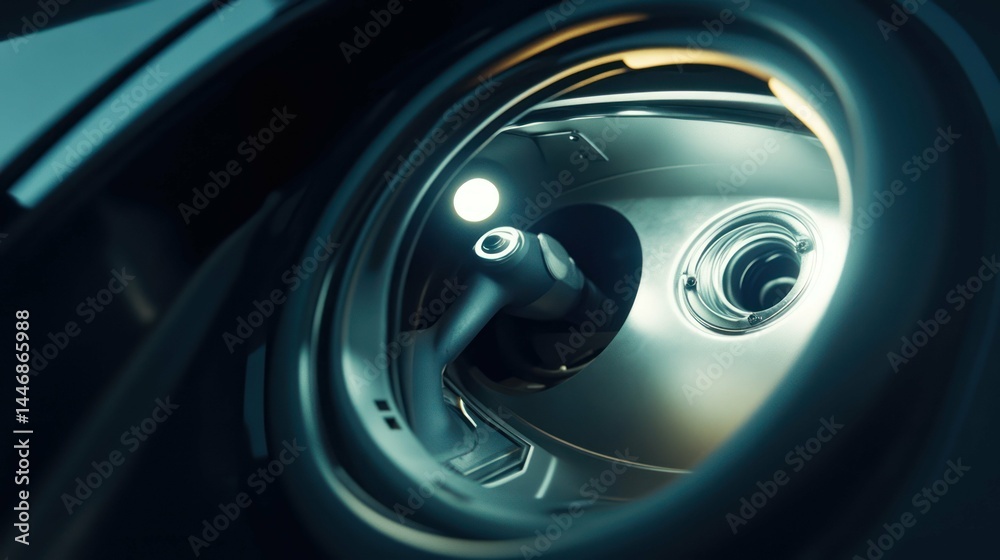 Close-up of an electric car charging port with futuristic metallic des Close-up of an electric car charging port with futuristic metallic des