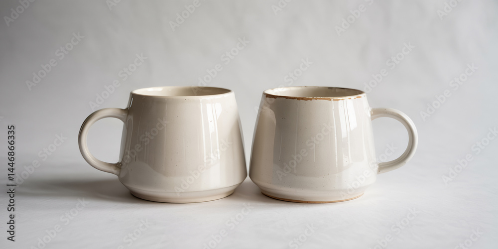 Fototapeta premium Two Elegant Off-White Ceramic Mugs on a White Background, Perfect for Coffee or Tea