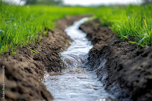 Irrigation Ditch in Lush Green Field
