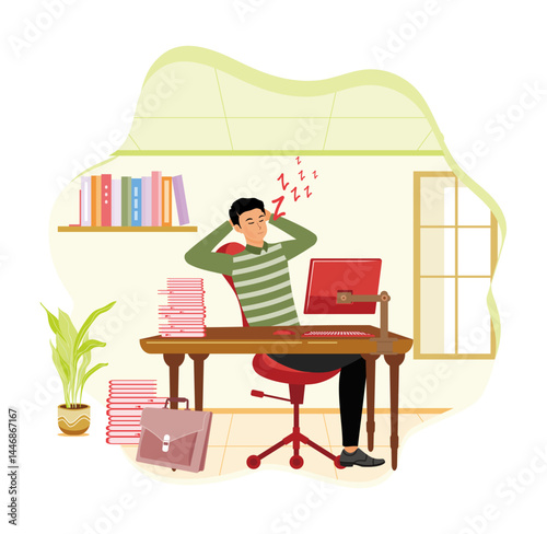 Sleep deprivation. Stressed man due to sleep deprivation in front of computer holding head.
