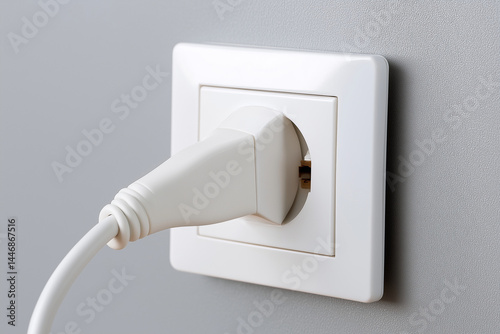 A white electric wall plug, on the gray wall, photorealistic, close-up shot, studio lighting, 