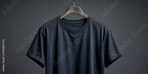Simple Dark Grey Crew Neck T-Shirt Hanging on Black Hanger Against a Grey Background
