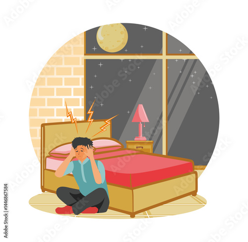 Sleep behavior disorder, man sitting on the floor near the bed.
