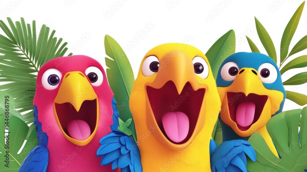 Fototapeta premium Whimsical avian trio tropical foliage backdrop charming animal puppets vibrant colors expressive faces joyful atmosphere children illustration element