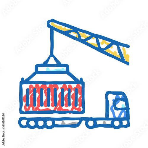 crane loading container on truck in port icon doodle illustration