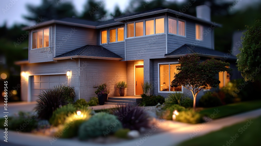 Fototapeta premium Modern home glowing at dusk with soft garden lights, blending warmth and sleek architecture 