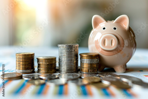Select your dream home with a visually appealing arrangement of coins forming a graph, accompanied by a piggy bank, symbolizing perfect combination of real estate investment and prudent financial plan
