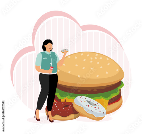 Overeating addiction. Woman eating fast food. Extreme overeating. Bad habits.