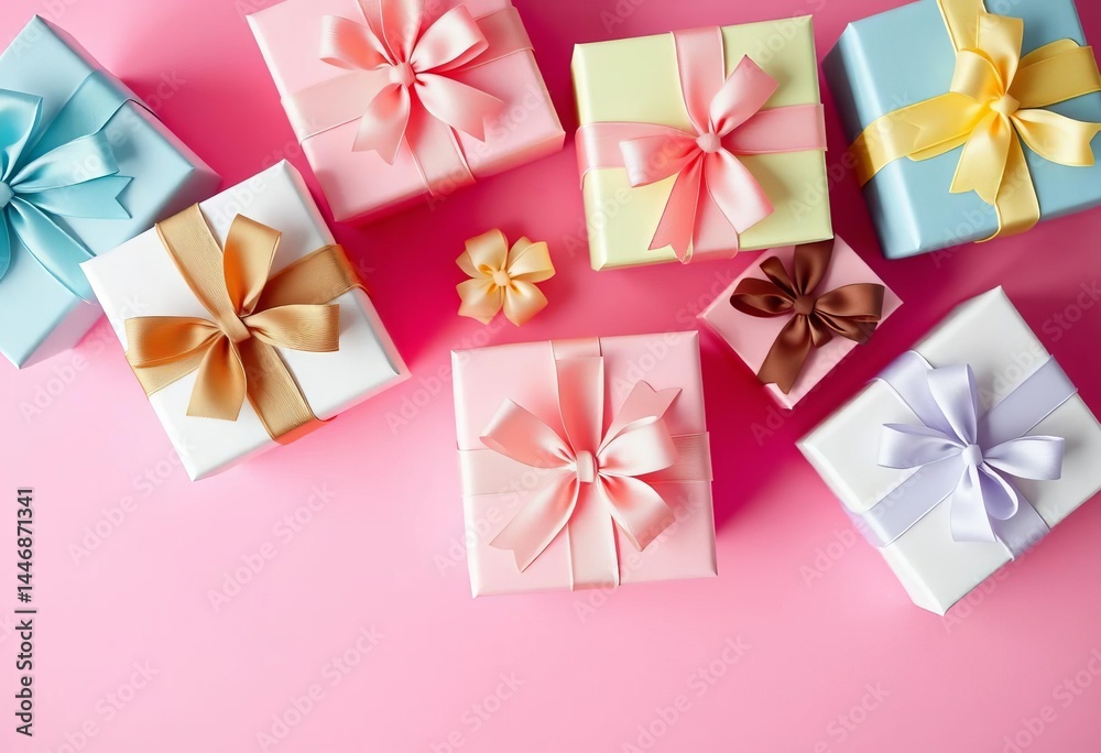 Pastel gift boxes with bows, arranged on pink background, blue, background Pastel gift boxes with bows, arranged on pink background, blue, background