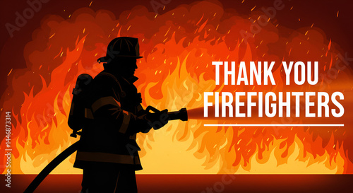 Poster-style illustration of a firefighter silhouette holding a hose, flames in the background, 'Thank You Firefighters' text