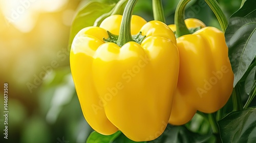 Fresh Yellow Bell Peppers Growing on Plant in Natural Environment