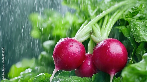 Fresh Radishes in Raindrops on a Green Leafy Background