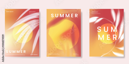 Abstract colorful gradient summer card background set. Minimalist poster with flower and foliage. Modern summer and spring wallpaper design for home decoration, website, banner, ads.