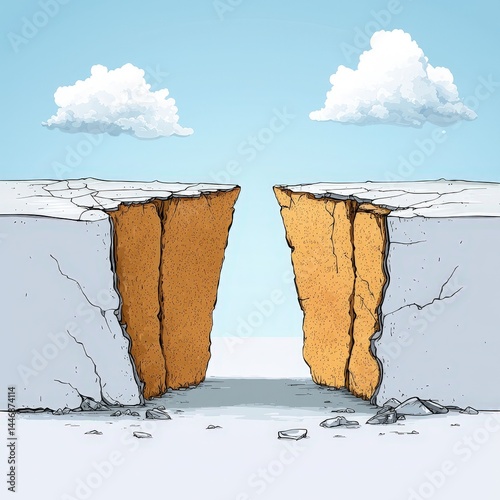 A deep crack splits the earth under a bright sky with clouds, exposing brown soil and rocky layers.