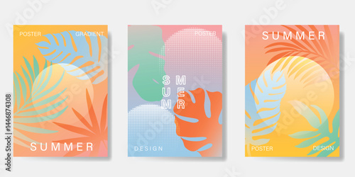 Abstract colorful gradient summer card background set. Minimalist poster with flower and foliage. Modern summer and spring wallpaper design for home decoration, website, banner, ads.