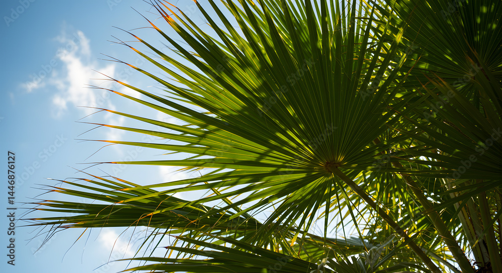 Fototapeta premium Sunlit Palm Frond Detail Against Azure Sky