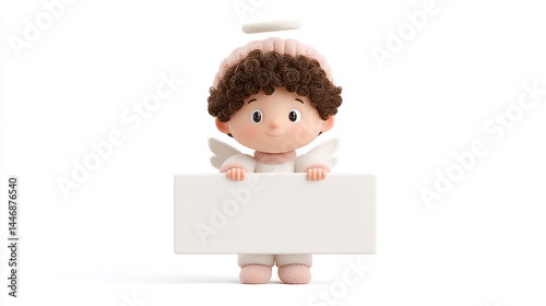 Angel doll holding a blank sign. White background.