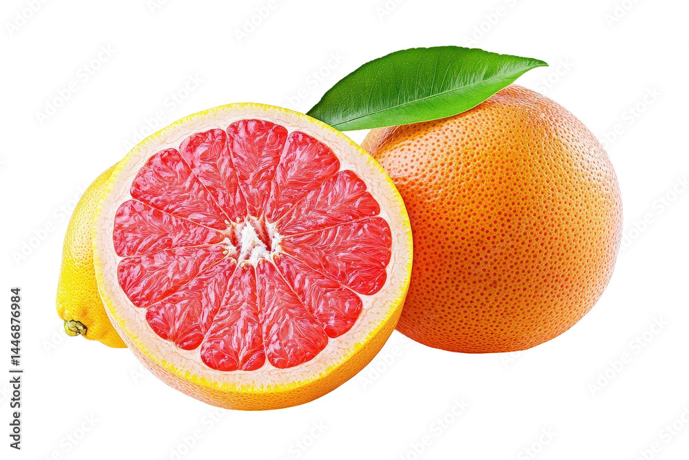 Two citrus fruits, a grapefruit cut in half showing its pink segments, and a whole lemon, are displayed together against a black background. Two citrus fruits, a grapefruit cut in half showing its pink segments, and a whole lemon, are displayed together against a black background.