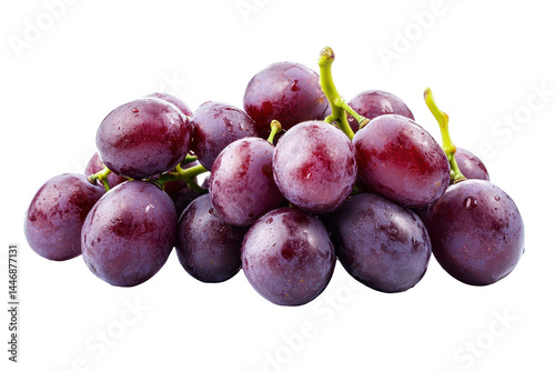 Vibrant cluster of deep purple grapes, glistening with moisture, presented against a plain background.