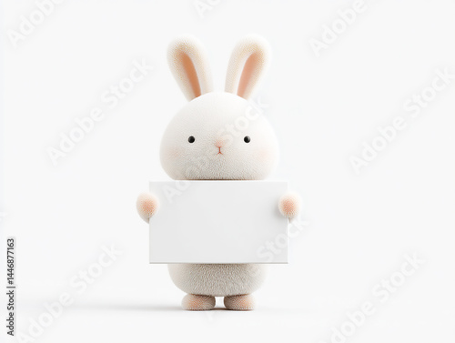 Chubby bunny doll holding a blank sign on white background.