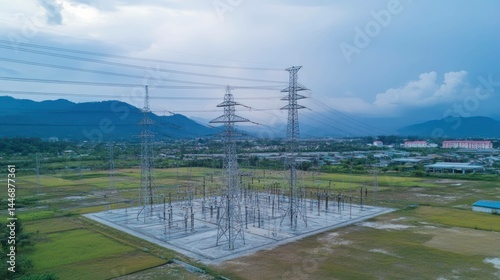 Electricity pylon aerial view in rural landscape, industry technology