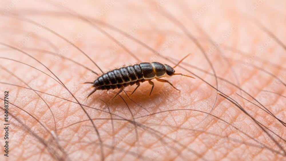 Tiny insect is walking skin, showcasing its detailed body structure and fine hair surrounding it. This close up captures Tiny insect is walking skin, showcasing its detailed body structure and fine hair surrounding it. This close up captures