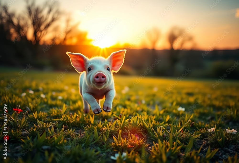 Playful piglet leaps in sun-drenched spring meadow, breathtaking sunset, golden hour, pig Playful piglet leaps in sun-drenched spring meadow, breathtaking sunset, golden hour, pig
