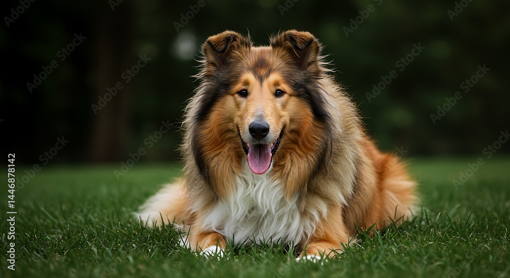 Dog Lying on Grass Panting in Park with Open Mouth Dog Lying on Grass Panting in Park with Open Mouth